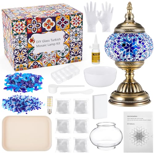 Baquler Turkish Mosaic Lamp Kit DIY Stained Glass Decorative Table Bedside Night Light Tabletop Bohemian Morrocan Lamp Crfat Kit for Living Room Decorations Make Your Own(Blue)