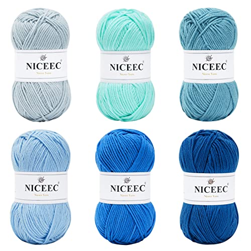 Image of NICEEC 300g Soft Assorted Colors Yarn - Sport Weight,100% Acrylic, 4 Ply, Bonbons Yarn for Crochet & Knit, DIY Project Starter Kit for Kids or Adults(Total 870yds) - Blue Series
