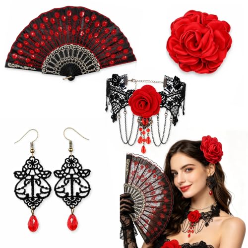 Set Accessoires Flamenco Femme - Éventail Dentelle & Fleur Espagnole Rouge