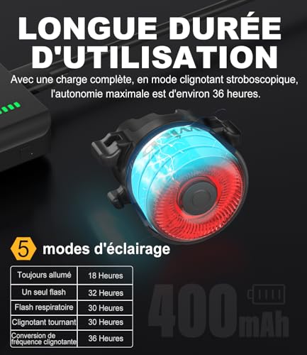Feu arrière vélo rechargeable USB-C avec éclairage étanche IPX6