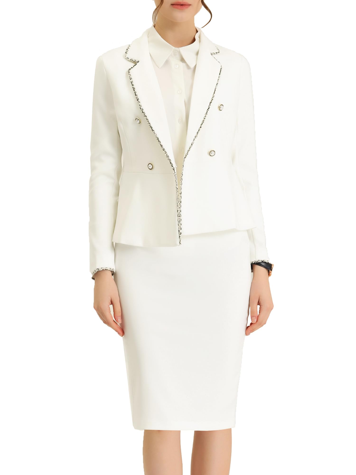 allegra k Women's 2 Piece Skirt Sets Tweed Trim Long Sleeve Blazer Pencil Skirt Business Suits Work Outfits, White, Small-picture-18
