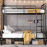 cloblane Full Over Full Bunk Bed, Metak Bunk Beds Frame with Safety Guardrails, Modern Metal Bed Frame with Ladders for Teens, Industrial Detachable, No Box Spring Needed, Black