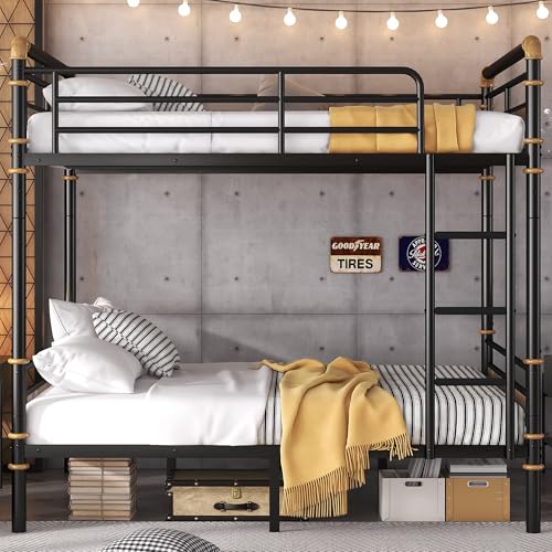 cloblane Full Over Full Bunk Bed, Metak Bunk Beds Frame with Safety Guardrails, Modern Metal Bed Frame with Ladders for Teens, Industrial Detachable, No Box Spring Needed, Black