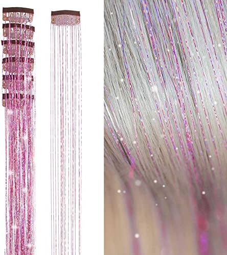 SEPTBEAM Hair Tinsel Clip in Extensions Pink Sparkle & Highlights for Hair 20.5 Inch 6pcs Each Pack Multi-Colors Synthetic Hair Extensions for Party, Christmas, New Year, Halloween, Cosplay(Pink)