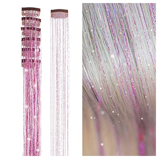 SEPTBEAM Hair Tinsel Clip in Extensions Pink Sparkle & Highlights for Hair 20.5 Inch 6pcs Each Pack Multi-Colors Synthetic Hair Extensions for Party, Christmas, New Year, Halloween, Cosplay(Pink)