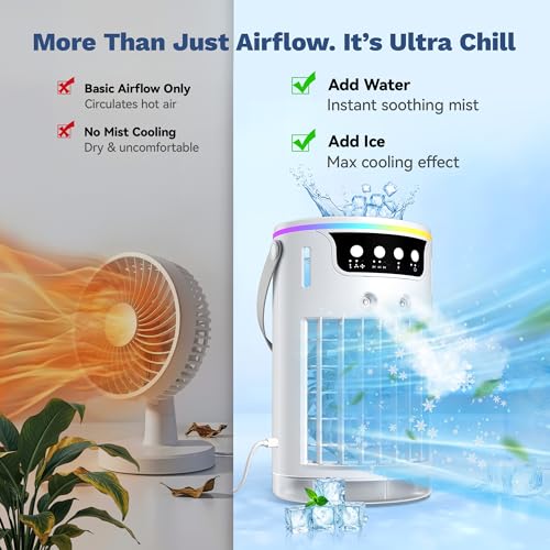 Image of Portable Air Conditioners, 40oz Mini Air Conditioner for Room, Portable Evaporative Air Cooler with 3 Wind Speeds, 3 Cool Mist Modes & 7 LED Lights, 8H Timer, Personal Cooling Fan for Office Desk