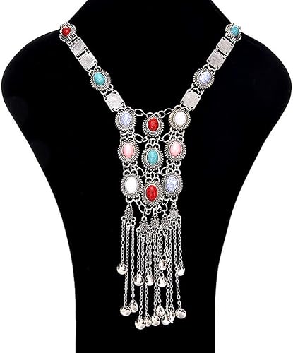 Miniatura 6 de Collar vintage retro con diamantes de imitación plateado dorado turquesa largo bohemio declaración étnico tribal collar para mujer, Aleación