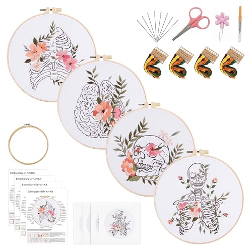Image of KEKEMEOW 4 Pack Skeleton Flower Embroidery Starters Kit for Beginners Embroidery Starting Sets for Adults with Stamped Patterns Colorful Threads Step by Step Instructions Hoop Needles Tools