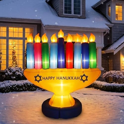 Zion Judaica 7' Colorful Inflatable Hanukkah Menorah for Indoor or Outdoor Decoration with LED Night Glowing Lights Hanukah Lawn Blowup Menorah - 7' x 7' (Multi-Color)