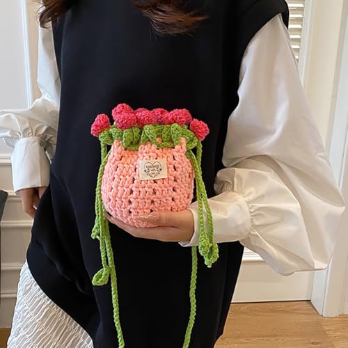 Handmade Crochet Rose Drawstring Bag, Romantic Flower Bouquet Crossbody Purse for Women, Kawaii Floral Knit Satchel Handbag4