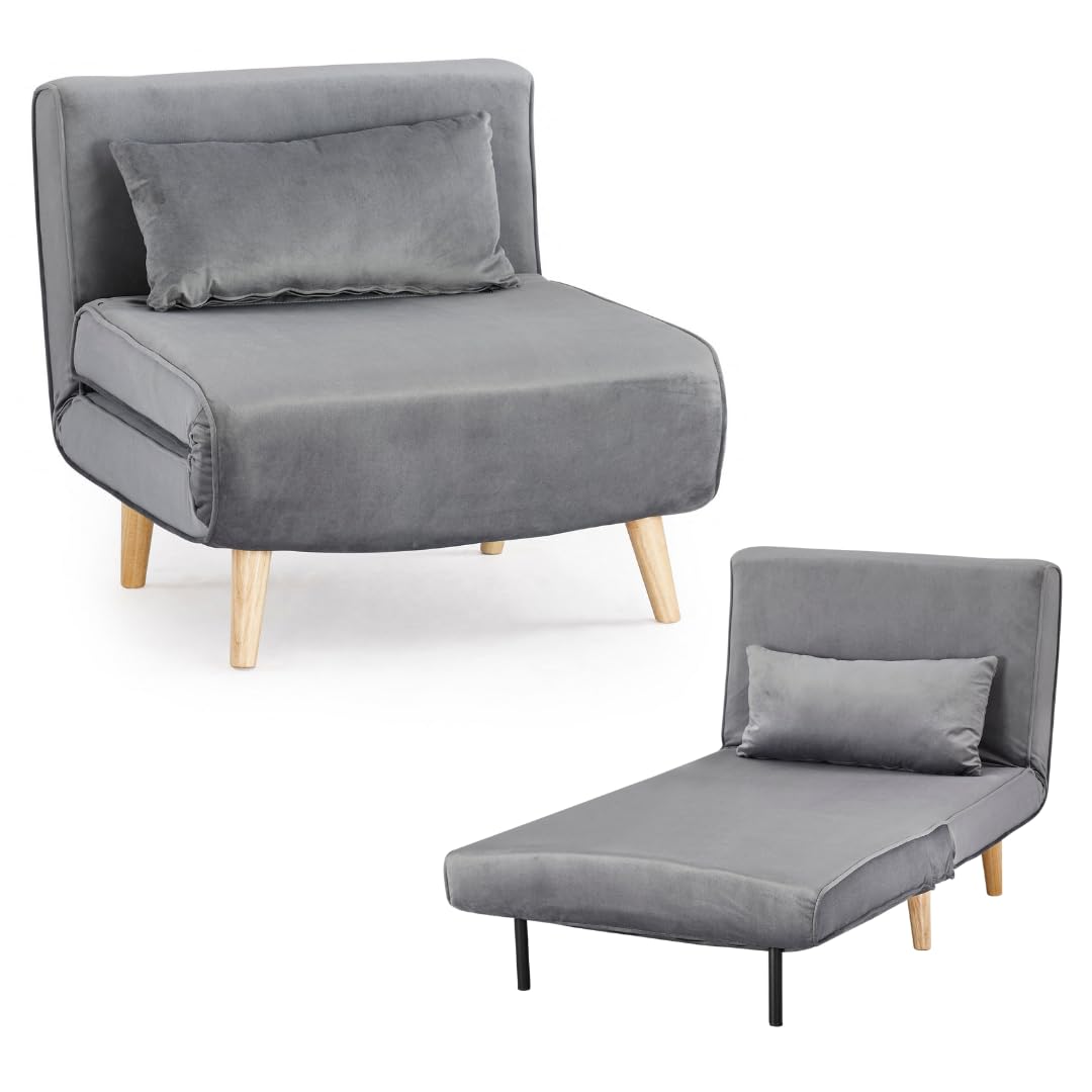 Home Detail Sofa Bed Single Chair Velvet Fabric Armchair Sleeper Chair Chaise Pull Out (Grey Velvet)