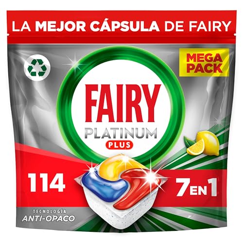 Fairy Platinum Plus Limón Cápsulas De Lavavajillas Todo En Uno, 114 Cápsulas, Nuestra Mejor Limpieza Que Deja Los Platos Como Nuevos, Elimina La Falta De Brillo Y Evita La Cal