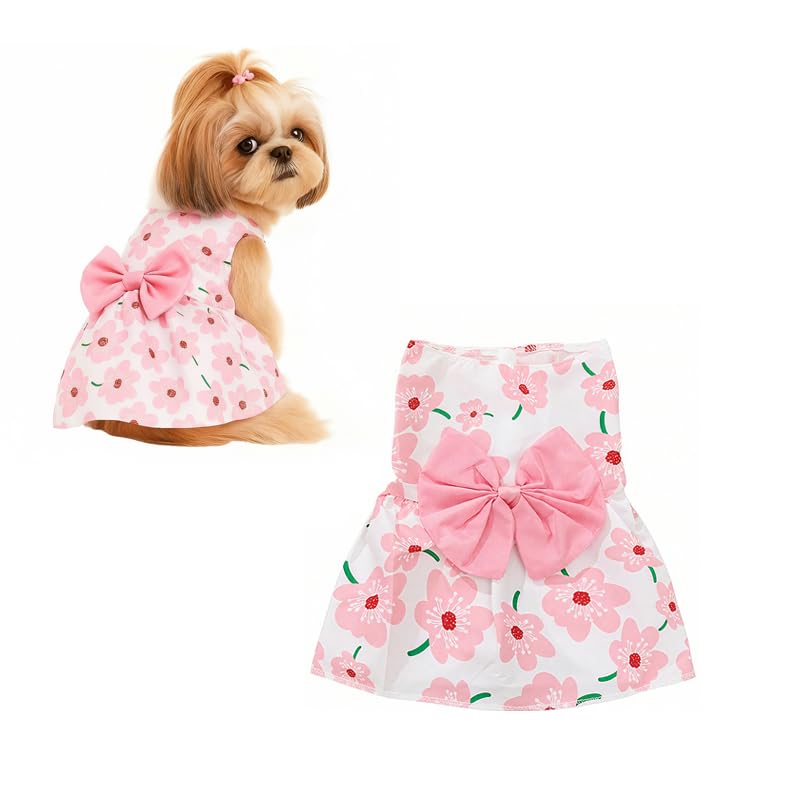 ZIBUYU® Florals Pattern Dog & Cat Dress Female with Lovely Bow - Cute Pet Apparel, Cat Dress & Dog Clothes for Medium Dogs, Birthday Pet Dress (Size L: Bust 45cm, Length 35cm)-image-14