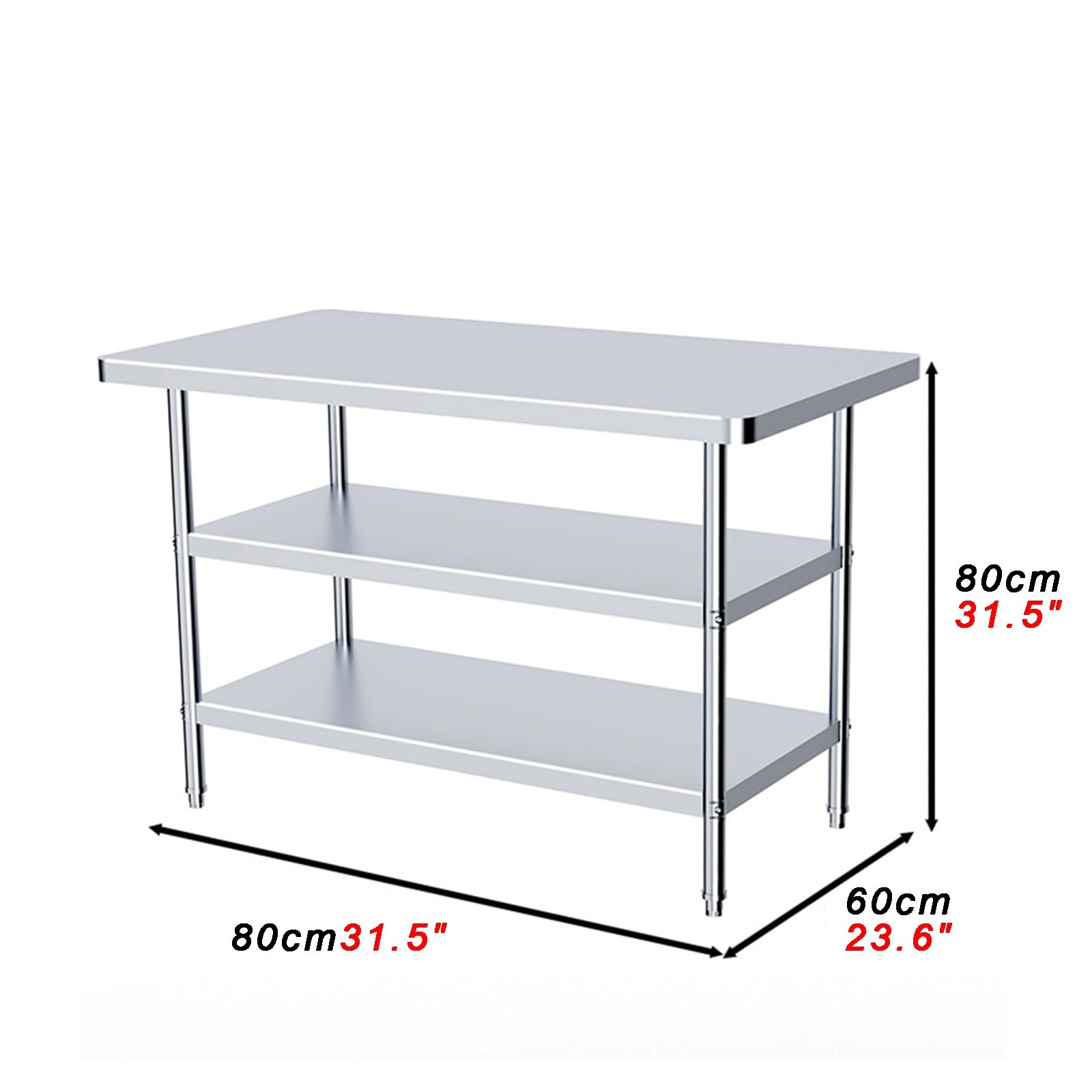 Tavolo da cucina regolabile in acciaio inox con banco da lavoro rimovibile a 3 ripiani, design multifunzionale con angoli arrotondati, altezza 80 cm, perfetto per cucinare e preparare cibi