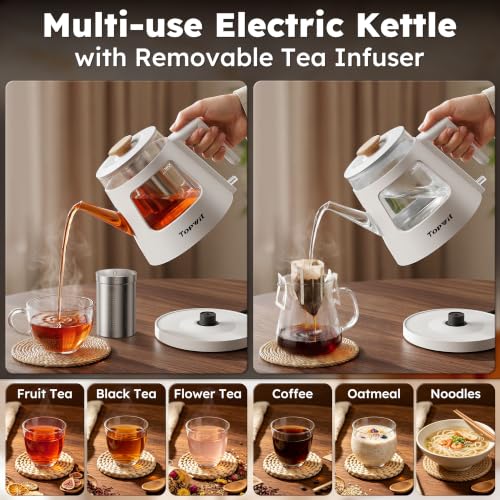 Image of TOPWIT 1L Gooseneck Electric Tea Kettle, Glass Electric Kettle, BPA-free | Removable Stainless Steel Tea Infuser, Visible Window, Auto-Shut Off, Ideal For Pour-Over Coffee, Home & Office, White