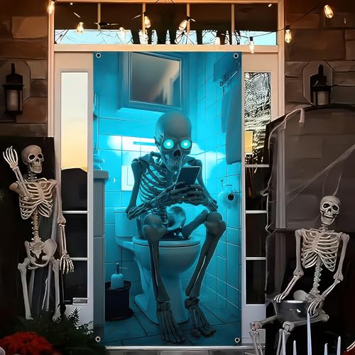 Image of BlissYard Halloween Door Cover Skeleton Restroom Scene 71 x 35 Inch | Polyester, Skeleton Restroom Scene, Halloween Door Cover, Bathroom Wall, Party Backdrop and Haunted House Decor