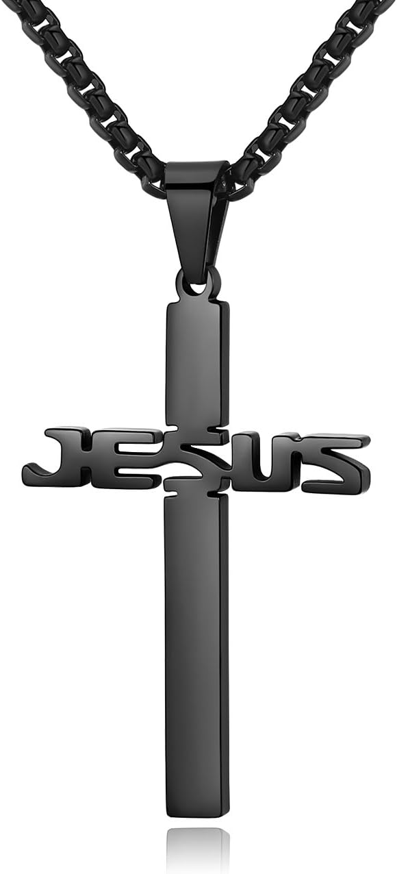 REVEMCN Stainless Steel Jesus Cross Pendant Necklace for Men Women 20-24 Inches Rolo Chain Christian Gifts for Men Faith