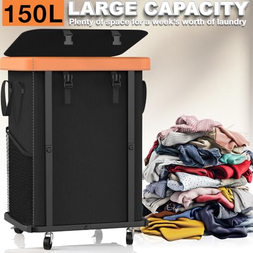 Image of 150L (40 Gal) Large Fashion Laundry Basket with Wheels, Leather Patchwork Rolling Hamper Carts, Sturdy Metal Frame, Removable Washable Bag, Tall Clothes Sorter for Bedroom, Laundry Room - Black