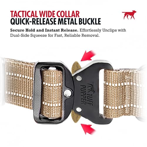 Image of Tuff Pupper Tactical Dog Collar | Heavy Duty 1.5 inch Wide Ballistic Nylon | Training Control Handle | Quick-Release Metal Buckle | Reflective Bands | ID Tag Holder | Padded Inner Lining (Tan, Medium)