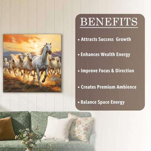 Image of PAINTINGMANTRA 7 White Running Horses Framed Wall Art Painting For Living Room, Vastu Abstract Poster with frame for Wall, Decoration item for bedroom, 13x17.5 Inch