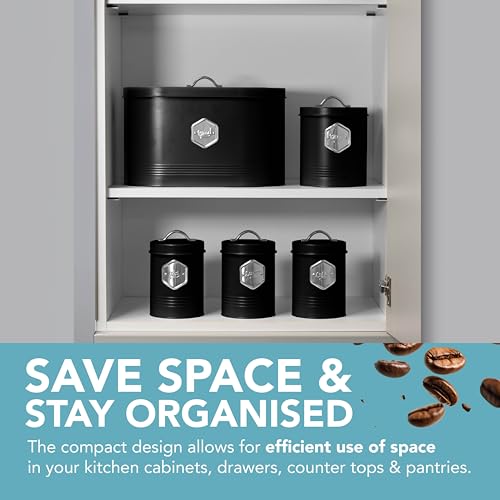 HEFTMAN Black Kitchen Canister Set - Stylish 5 Piece Kitchen Storage Canisters for Bread, Biscuits - Sugar Coffee Tea Storage Set with Airtight Lids, Labelled Containers (5 PCS) - Cosy Home Interiors HEFTMAN Black Kitchen Canister Set - Stylish 5 Piece Kitchen Storage Canisters for Bread, Biscuits - Sugar Coffee Tea Storage Set with Airtight Lids, Labelled Containers (5 PCS) - Image 5