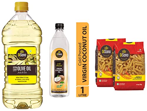 Image of DiSano Extra Light Olive Oil, Indian dishes and frying, 2L & Fusilli Durum Wheat Pasta, Pack of 2 (1kg) & Cold Press Virgin Coconut Oil Bottle, 1 L