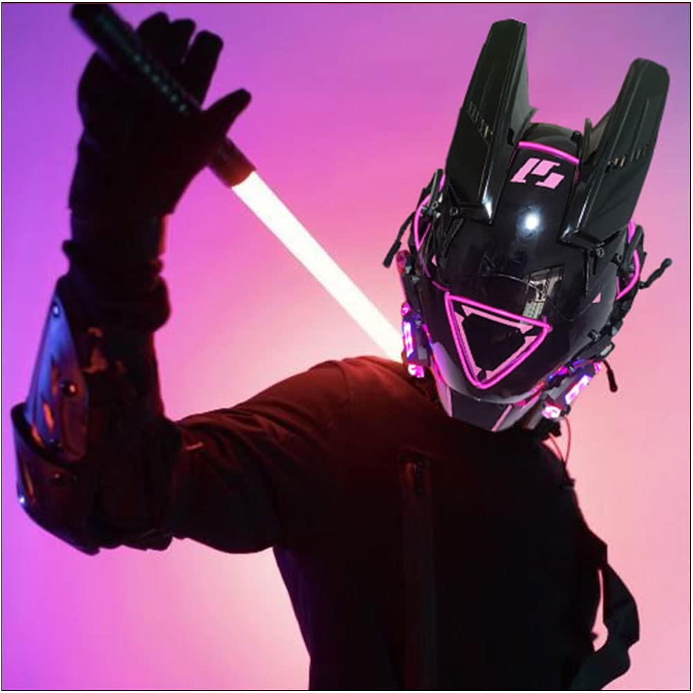 ifkooPunk Mask Helmet Cosplay Futuristic Punk Techwear Mask Led Triangle Light up Halloween Fit Party Music Festival Accessories (Rose Red Led)