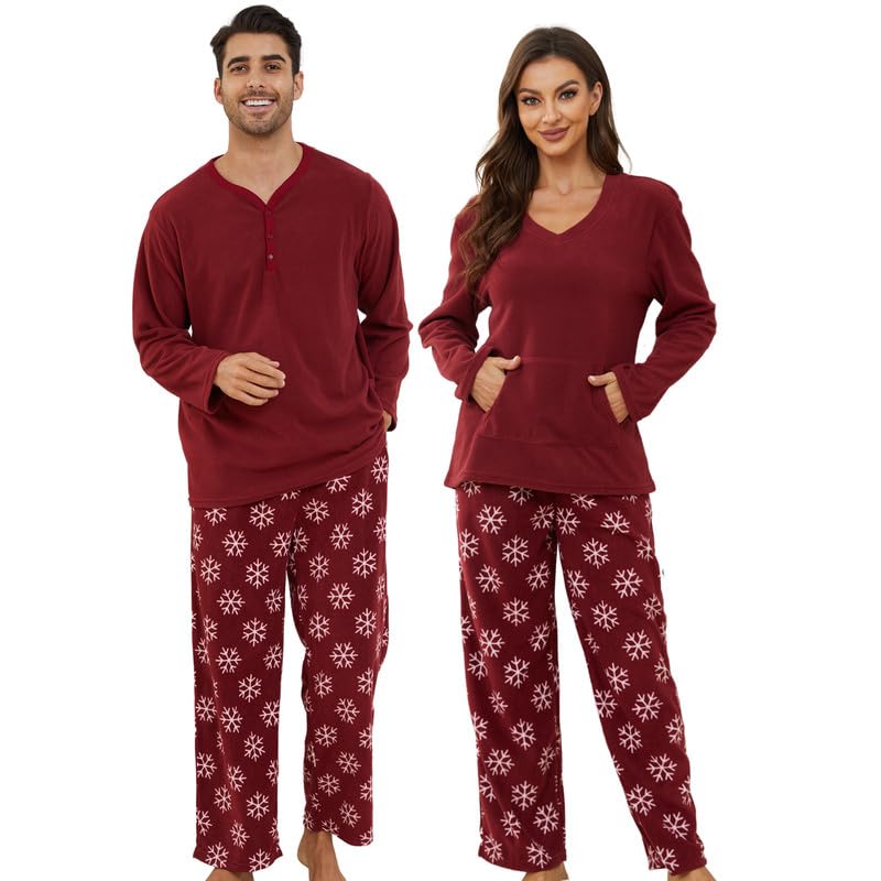 U2SKIIN Couple Pajama Sets, Plaid Pajama Set for Men and Women Soft Warm Pjs Set Men XX-Large Burgundy/Burgundy-snow Mens