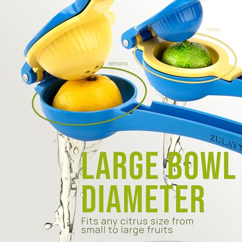 Image of Zulay Kitchen Metal 2-in-1 Lemon Squeezer - Sturdy Max Extraction Hand Juicer Lemon Squeezer Gets Every Last Drop - Easy to Clean Manual Citrus Juicer - Easy-Use Lemon Juicer Squeezer - Blue /Yellow