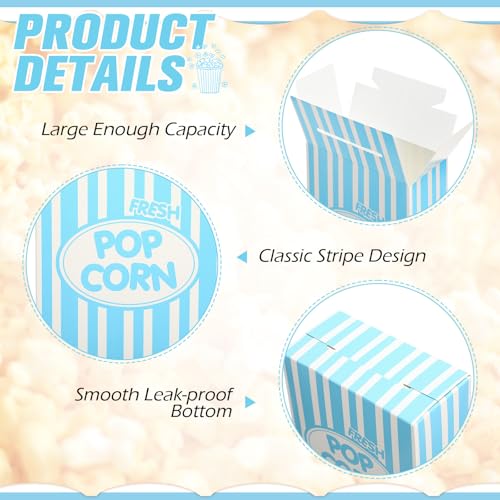 Image of Xinnun 200 Pcs Paper Popcorn Boxes 1oz Oil-proof Disposable Striped Popcorn Boxes Container Leak Proof Paper Holders for Movie Night, Party, Birthday, Wedding (Light Blue)