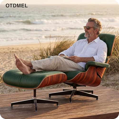 Image of Luxury Top Green Grain Leather, Mid Century Chaise Lounge Chair and Ottoman, Modern Chair Classic Design, Rosewood, Heavy Duty Base Support for Living Room Office