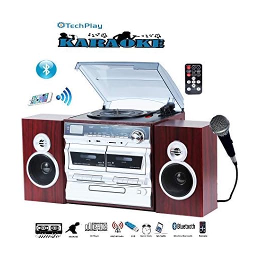 TechPlay Karaoke Enabled, 30W RMS, Retro Classic Turntable, NFC Bluetooth, Double Cassette Player/Recorder, CD MP3 Player, USB SD Ports, AM/FM Digital Alarm Clock and Full Remote Control