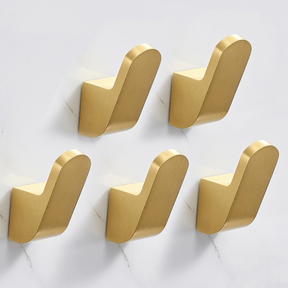 Carpango 5Pcs Self Adhesive Hooks, Aluminum Hooks Nordic Creativity Wall Hook Coat Hook Hanger Bathroom Towel(Gold)