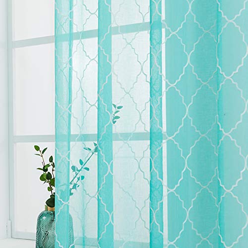 MIULEE Rideaux Voilage Motif Broderie Marocaine Oeillets Semi-Transparents Lisse Voile pour Chambre Fenêtre Cuisine Maison Decoration d'intérieur Moderne Élégant 2 Panneaux 140x175cm(LXH) Lac Bleu