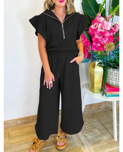 SELINK Two Piece Sets for Women Summer Outfits Ruffle Cap Sleeve Zip Top Wide Leg Pants Lounge Set Tracksuits2