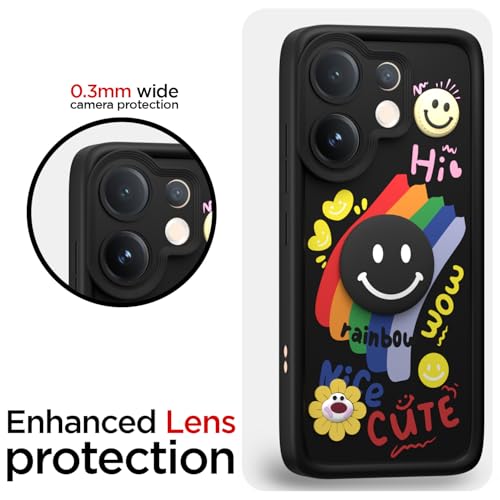 Image of Pikkme Back Cover for Vivo V60 5G / Vivo T4 Pro 5G | Soft Silicone| Cute Rainbow Smile & 3D Cartoon Flower Design | Shockproof Raised Camera Protection Bumper Case (Black)