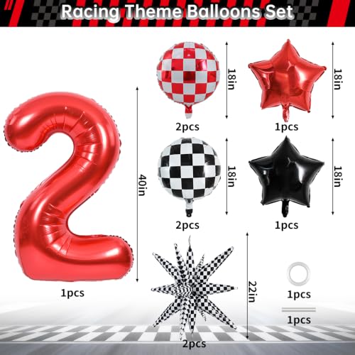 Image of TONIFUL Race Car Party Balloons Set - 40 Inch Red Number 2 Foil Balloon with Checkered Round, Explosion Star & Star Balloons for Boys 2nd Birthday Car Themed Decorations, Photo Backdrop Supplies