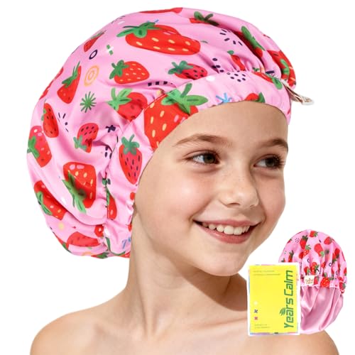Years calm Satin Lined Shower Cap for Kids Waterproof Kids Shower Cap with Soft Hair Protection & Wide Elastic Band Reusable Shower Hat for Kids Ages 310 (Red One Size)