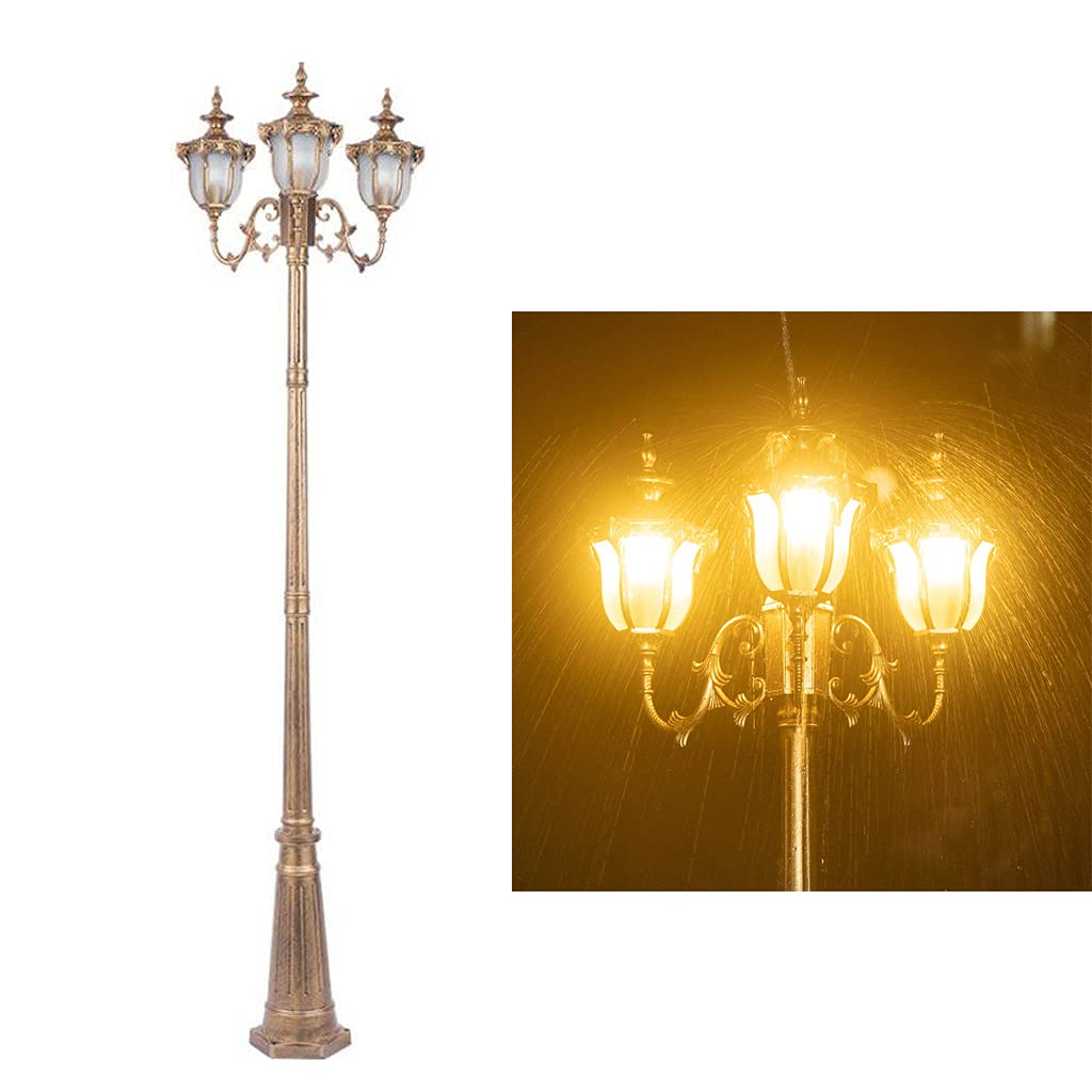 Columna de luz para exteriores, impermeable, para exteriores, patio, jardín, pasarela o decoración, poste de luz dorado con paneles de luces europeas de vidrio transparente, 3 cabezales
