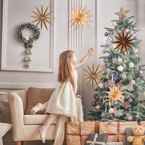Image of 12 Inches 5 PCS Brown Paper Star Lanterns Hanging Khaki Stars Christmas Party Decorations Hanging Beige Lampshade Christmas Wedding Birthday Christmas Home Party Decorations (12 Pointed)