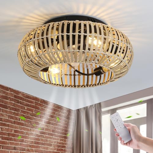 GaoHX Ventilador de Techo con Luz E27 Silencioso, Ventilador Plafón de Techo, Lámpara de Bambú Rattan, Vintage Lámpara de Techo, 6 Velocidades, Función Verano-Invierno, Temporizador
