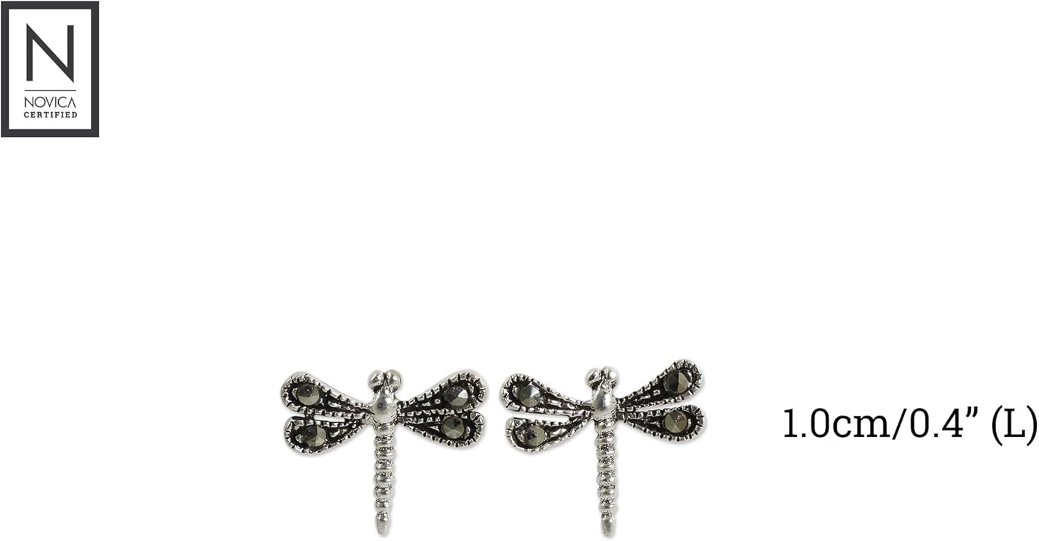 NOVICA Artisan Handmade Sterling Silver Marcasite Stud Earrings | Thailand Grey Dragonfly | Animal Themed | 0.4 in L x 0.5 in W | 'Petite Dragonflies'