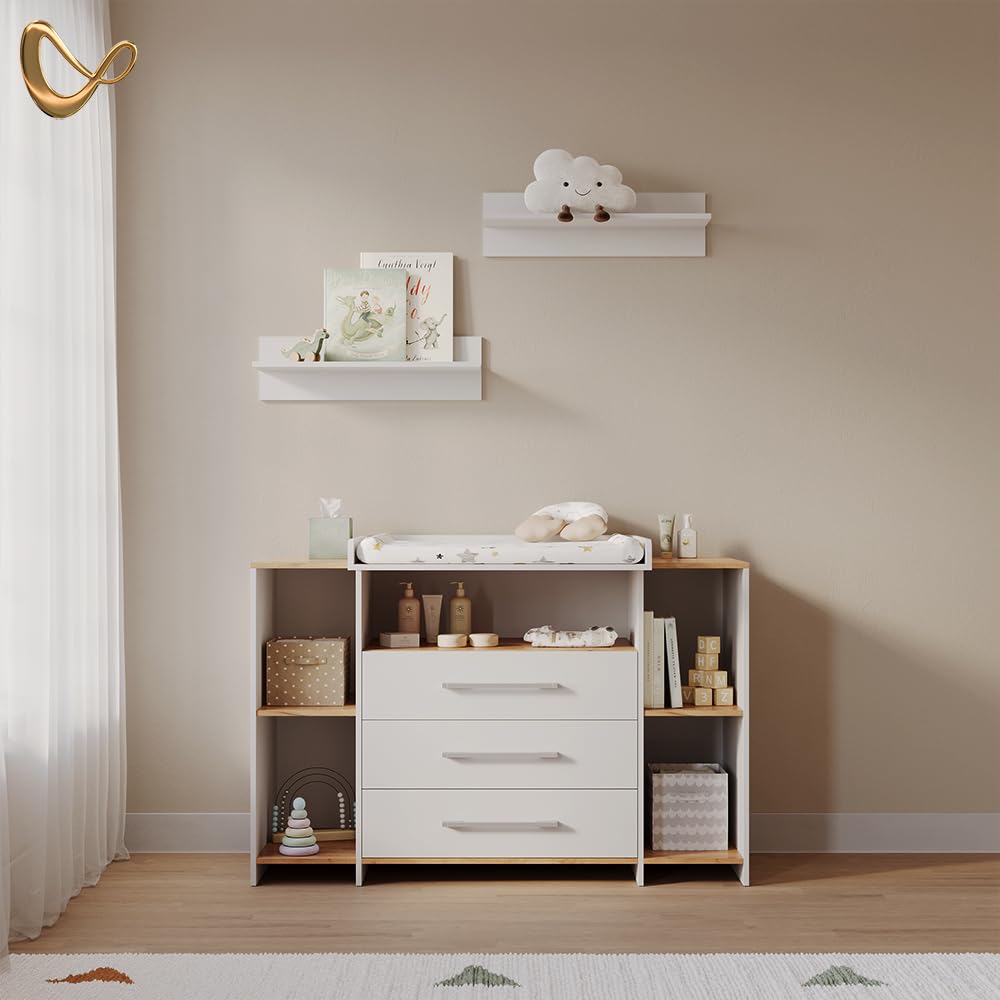 Livinity Cómoda Cambiador Torino, Roble Blanco/Dorado, con 3 cajones