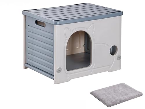 SHICAIJIA猫 ハウス ペット外猫ッ犬小屋 屋外 毛布付き 組み立て簡単 野良猫 避難所 猫 屋外 室内 防水 防風 換気 四季通用 組立簡単 クッション付き (グレー(コットンパッド),54*38*41cm)