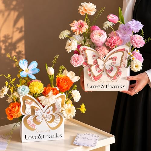 Image of Oasis Pack of 10 Luxury Butterfly Style Flower Paper Baskets - Pink Cardboard Bouquet Gift Boxes - Decorative Floral Arrangement Containers - Elegant Packaging for Fresh Flowers, Hampers, Weddings & Gifting - 5764 (P-10)