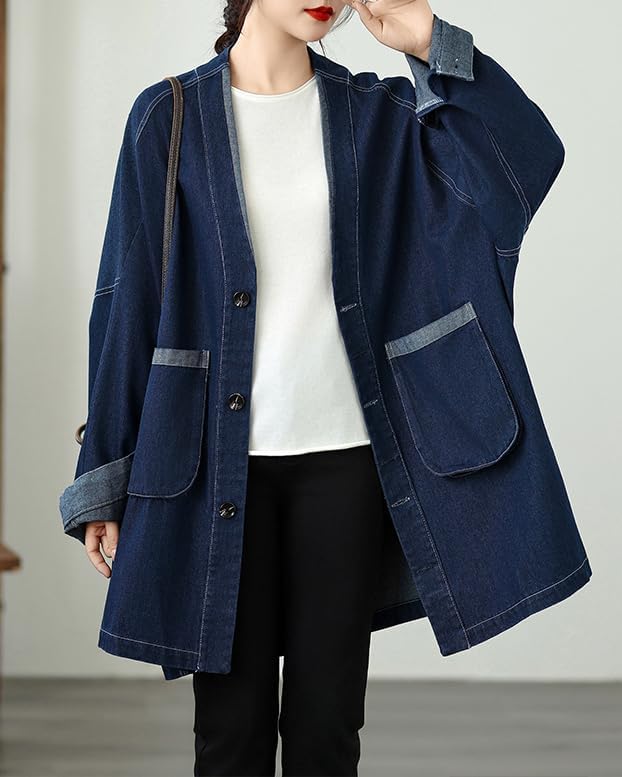 ellazhu Women's Coats Classic Casual Jean Jacket Two Side Pockets Button Down Long Oversized Sleeve GZ613 A - Image 3