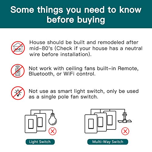 Image of TREATLIFE Smart Fan Switch, 4 Speed Fan Switch for Ceiling Fan, Neutral Wire Required, 2.4GHz WiFi Smart Ceiling Fan Control Works with Alexa, Google Home, Remote Control, Schedule, No Hub Required