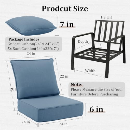 Image of 6 inch Thick Outdoor Chair Cushions, 24 inch x24 inch Patio Furniture Cushions | Set of 5 with Water Resistant & Removable Cover, UV Resistant, 30D High Density Sponge Patio Cushion, Baby Blue