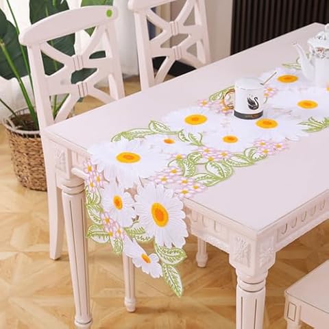 Vilygret Embroidered Flowery Table Runner, Applique Floral Daisy Cutwork Embroidered Table Linen, Home Kitchen Dining Tabletop Decoration (15"×69") Cover