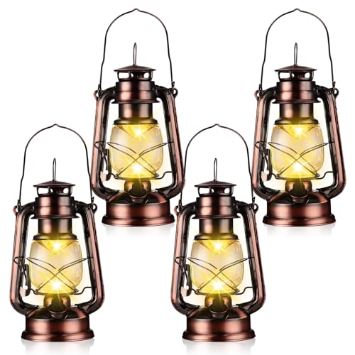 Image of Riakrum 4 Pcs Vintage LED Hurricane Lanterns 9.5 Inch Warm White Old Hurricane Lamps Battery Operated Hanging Lanterns with Dimmer Switch for Indoor Table Centerpieces Outdoor(Bronze)